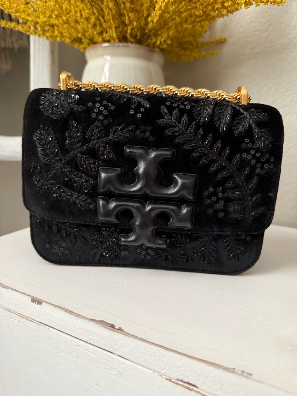 RARE Tory Burch Black Velvet Embroidered Chain Crossbody